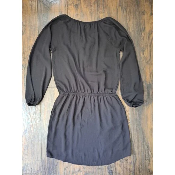 Express Dress Small Black Sheer Top Lined Pockets Elastic Waist Lace Up V-Neck - Picture 2 of 10